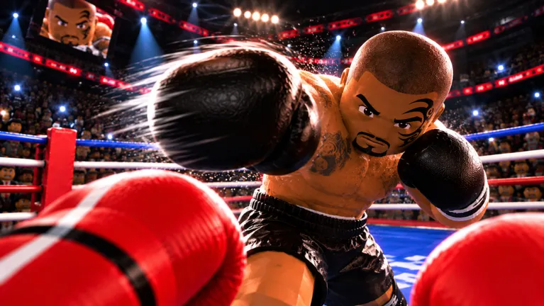 Opponent punching toward the camera over a blue ring rope, red glove at the bottom