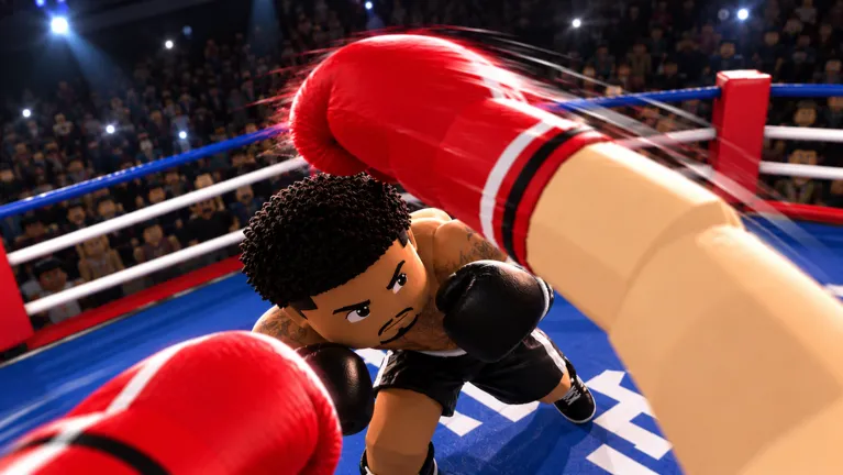 Opponent ducking while a red glove comes down from above in a dark arena